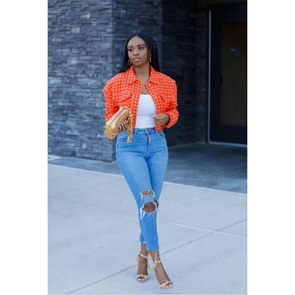 Zara Blogger’s Favorite Orange Textured Collared Frayed Hem Short Jacket, Large - Picture 7 of 16